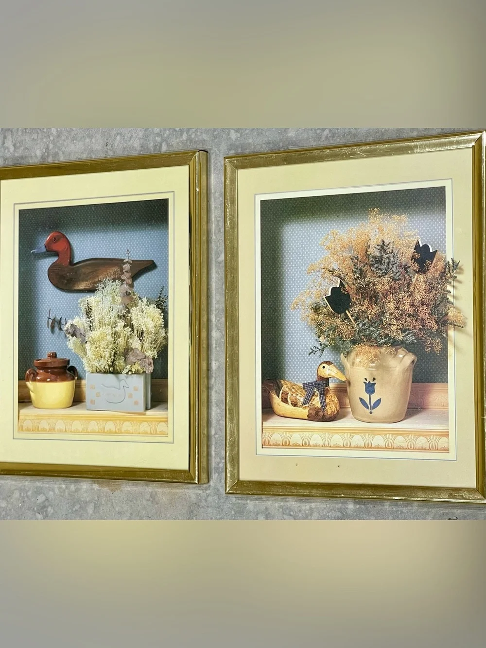 Vintage Gold Framed Duck Botanical Wall Art Pair - Cottagecore Home Accents